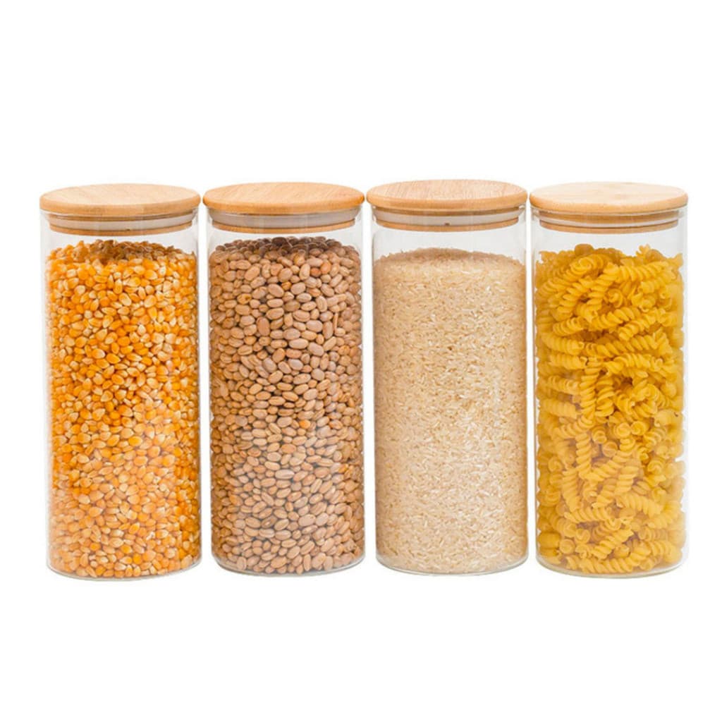 Kit 4 potes de vidro 1,8L tampa de bambu herméticos redondos armazenamento de alimentos cozinha