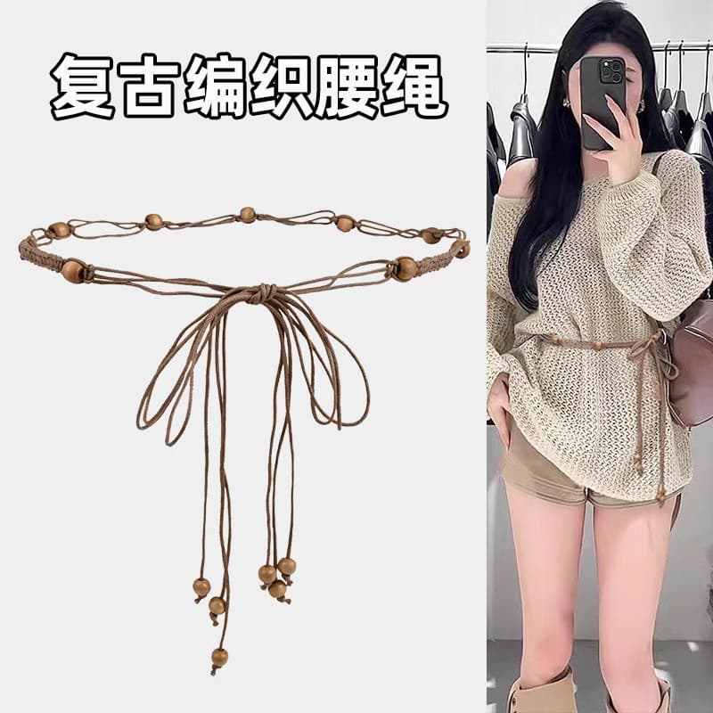 Acessórios de cinto feminino boêmio trançado cintura corda franjas vestido decorativo fino com saia camisola cinto marro