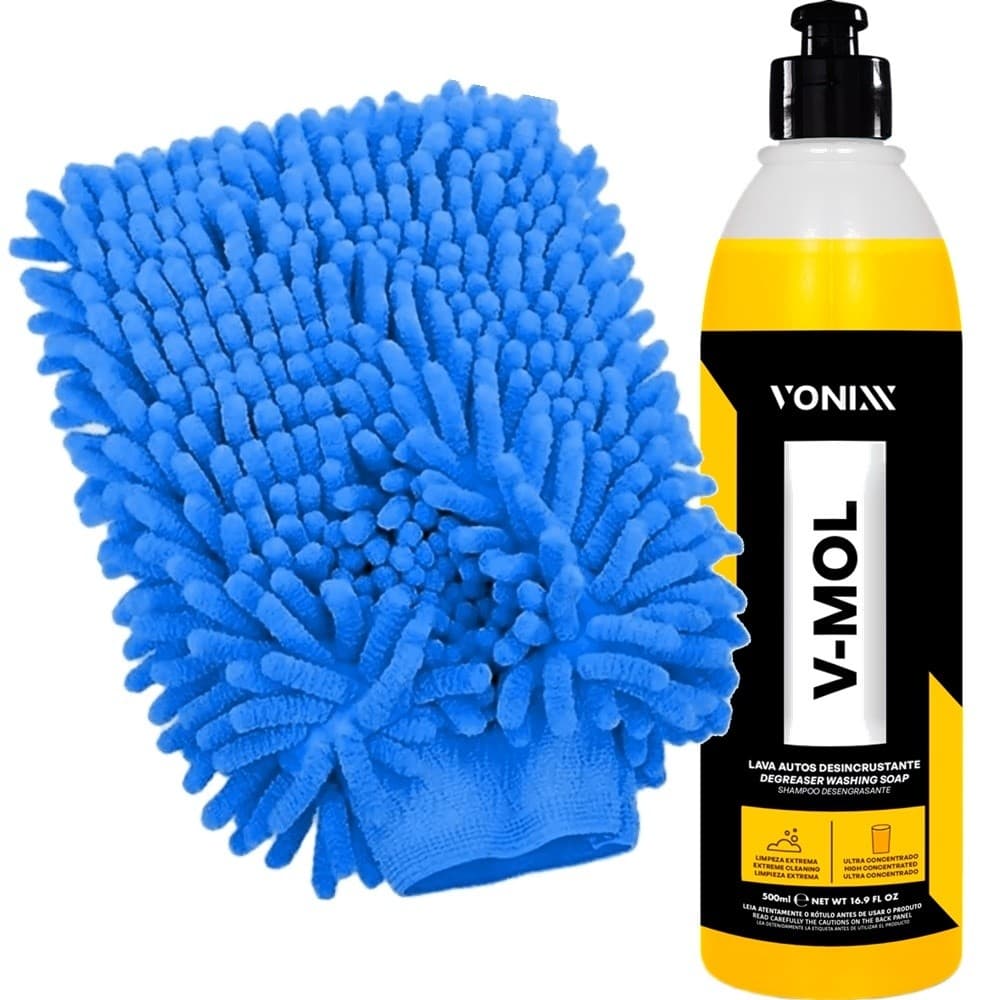 Kit Lavagem Automotiva Vonixx V-Mol Shampoo 500ml Remove Lama Barro + Luva Microfibra JS Carro Moto