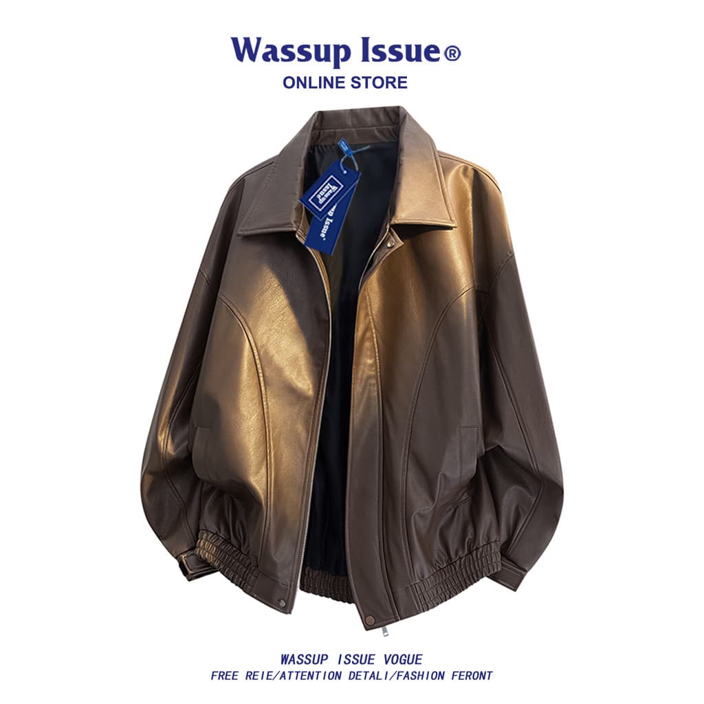 WASSUP ISSUE Americano Cor Sólida Retro Jaqueta De Couro Estilo Masculino Primavera Outono Street Wear Solto Casual Ruff