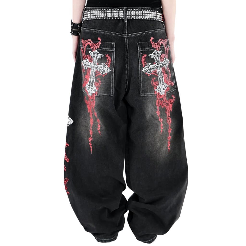Y2K Baggy Jeans Punk Impressão Grande Bolso Masculino Casual Rock Cruz Hip Hop Moda Rua Calças De Perna Larga