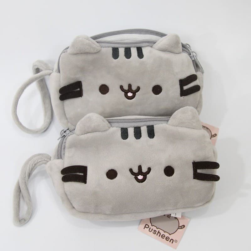 Estojo De Lápis De Gato Cinza De Desenho Animado De Camada Dupla , Design De Rosto Sorridente , Bolsa De Caneta Grande ,