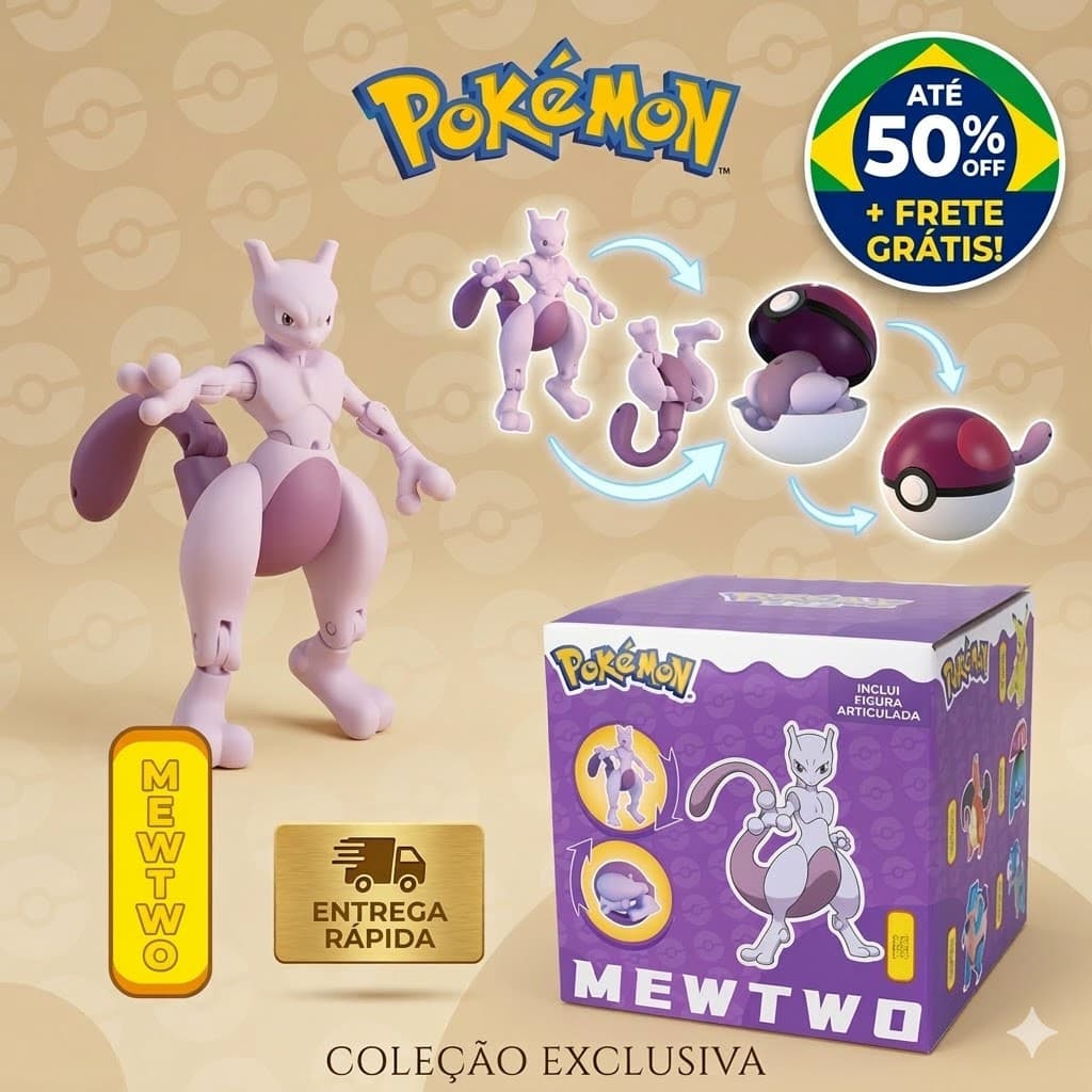 Boneco Pokémon Mewtwo Lendário Articulado Transformável em Pokébola - Envio Imediato