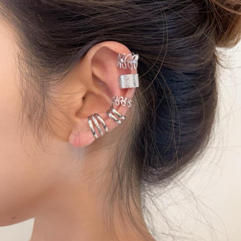 Conjunto de  Ear Cuffs Prateadas Sem Perfuração - Design Folha e Strass Moda Feminina