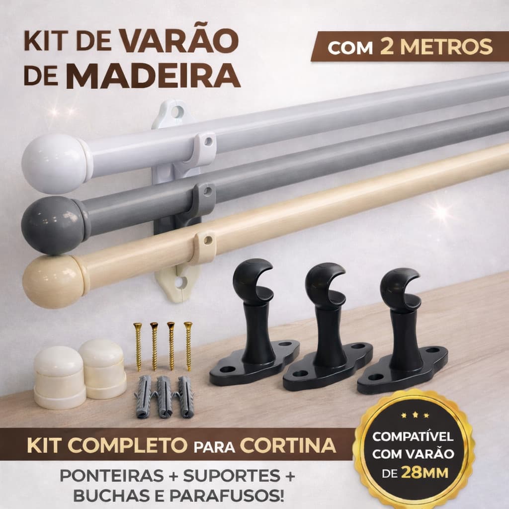 Varão Para Cortina de madeira 2,00 mts 19mm com todo conjunto para instalção madeira ecologioca