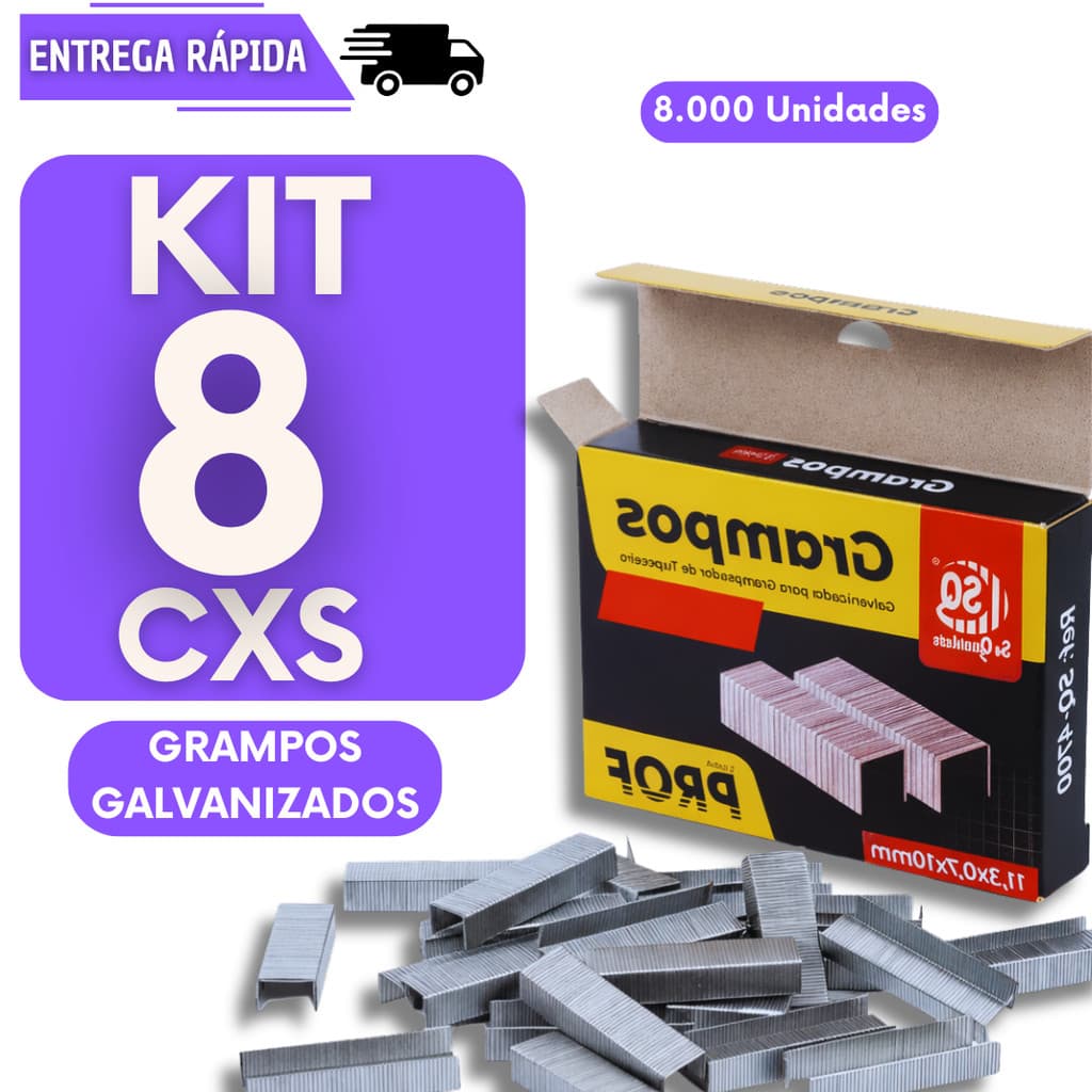 Kit 8000 MIL Grampo Para Grampeador 8mm Galvanizado Alta Resistência Profissional Estofado Madeira