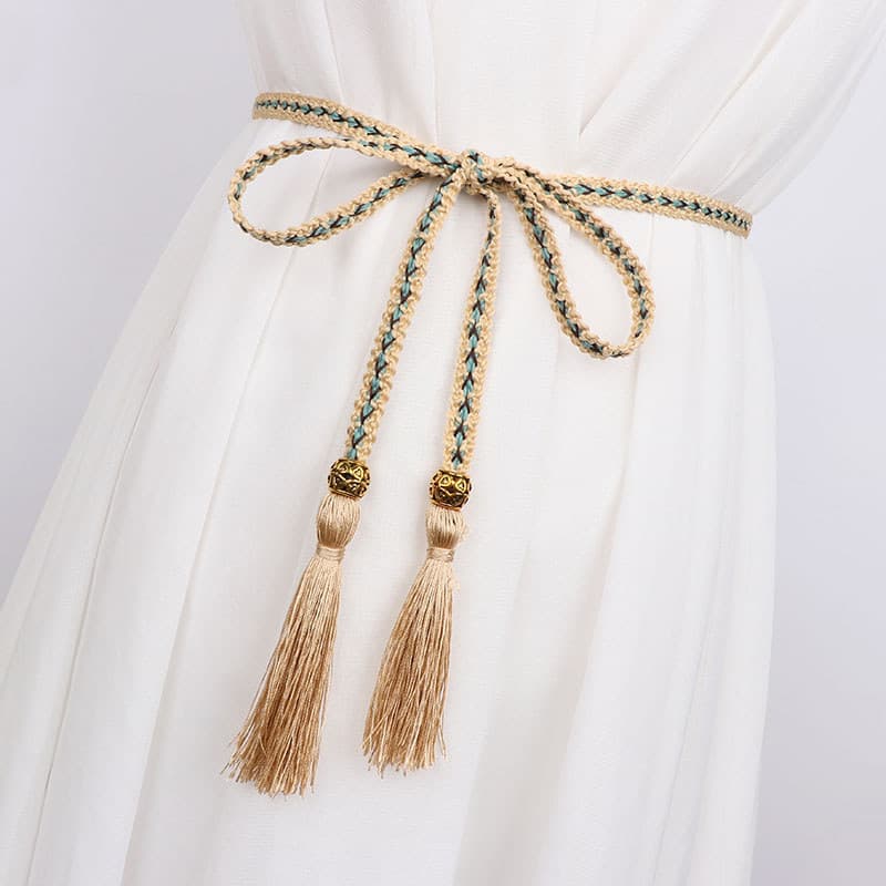 Estilo de arte simples trançado corrente de cintura fina feminino longo atado cinto feminino combinando vestido borla co