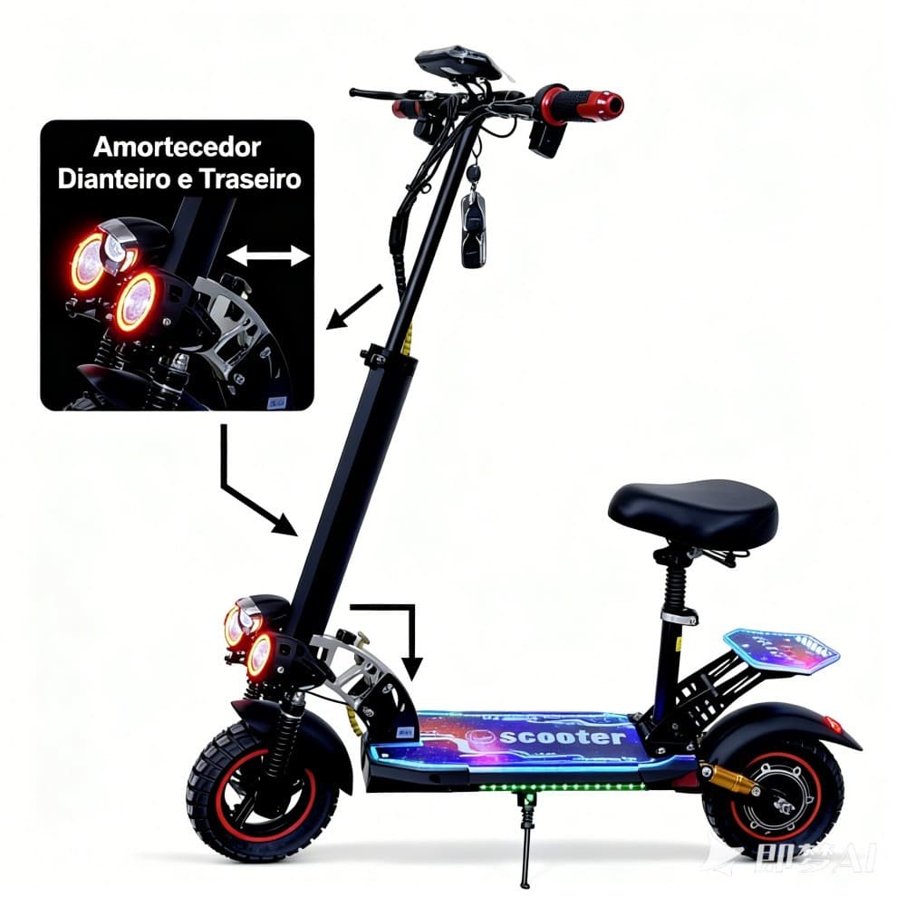 Patinete Elétrico Dobrável 800W 48V13Ah 45km/h 45km de Autonomia Off-Road Assento Suspensão Dupla Bluetooth LED Antifurt