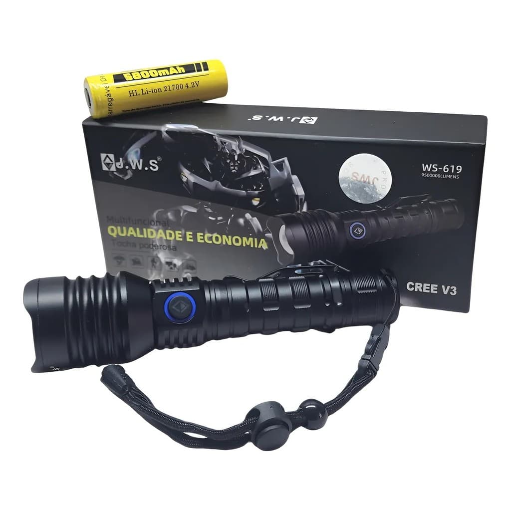 Lanterna Tática LED V3 Longo Alcance Ultra Potente Recarregável USB-C Zoom Ajustável Luz Branca Alta ws619