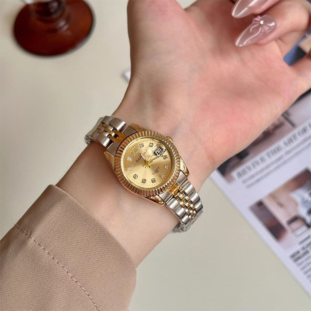 Relógio Feminino de Quartzo Luxo Retrô com Calendário em Aço Inoxidável e Strass de Alta Qualidade Elegante