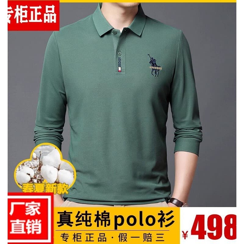 Camiseta masculina de manga comprida de algodão puro solta tamanho grande lapela de meia-idade moda Casual topo Anti-rug