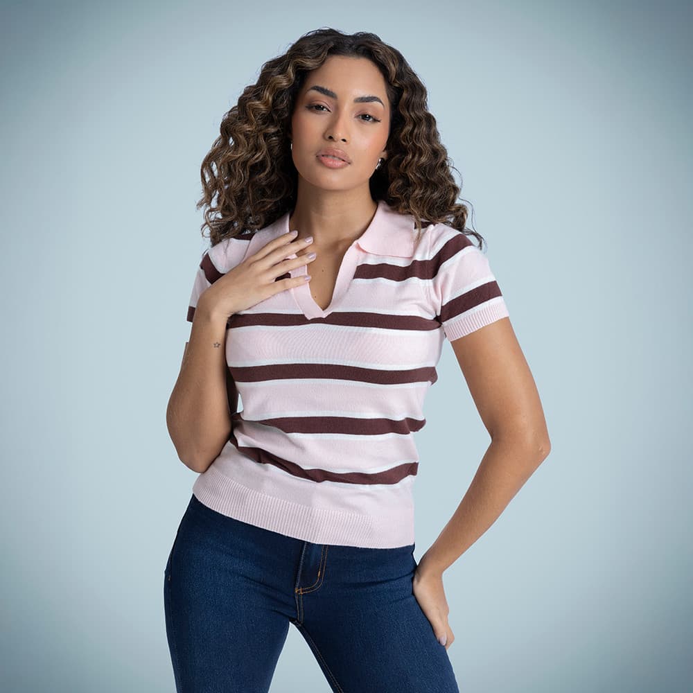 Camiseta Polo Feminina Listrada Rosa/Marrom Gola V