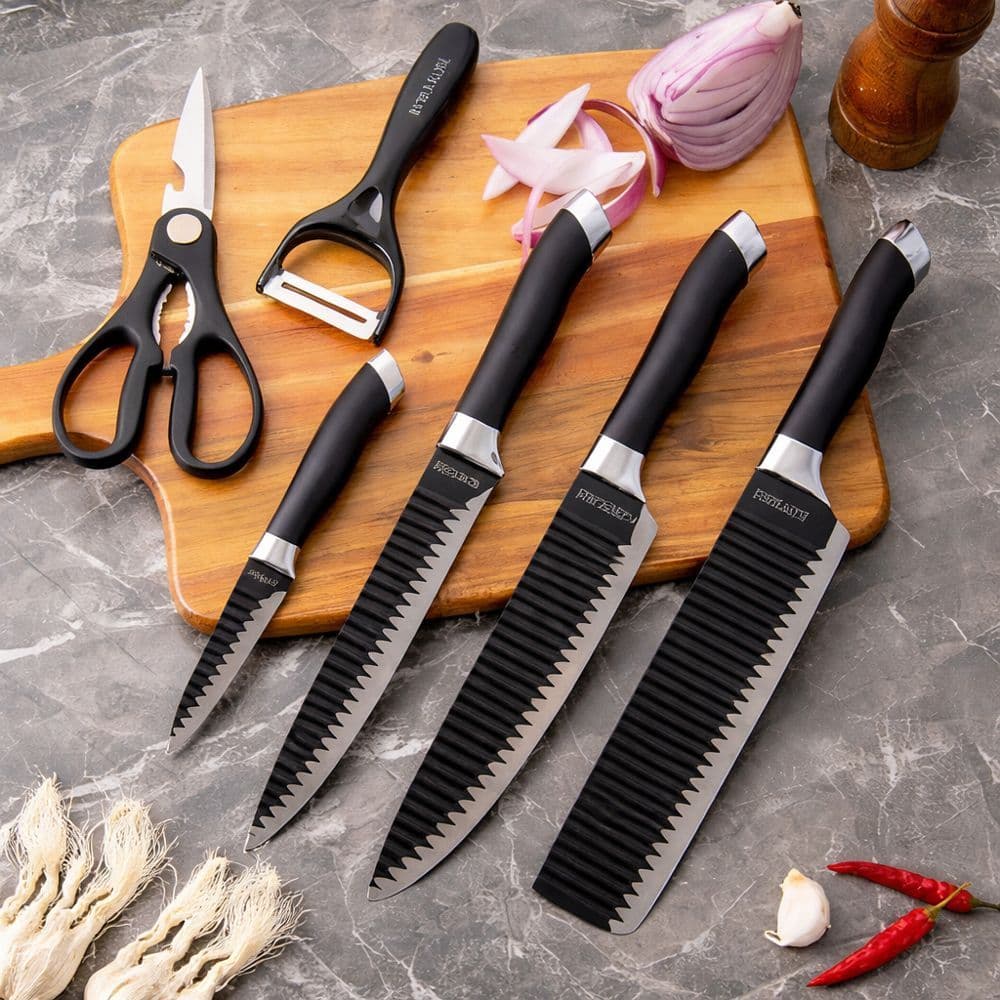 Kit de Conjunto Facas Coloridas/Pretos Tesoura Descascador Cozinha Gourmet 6 Peças