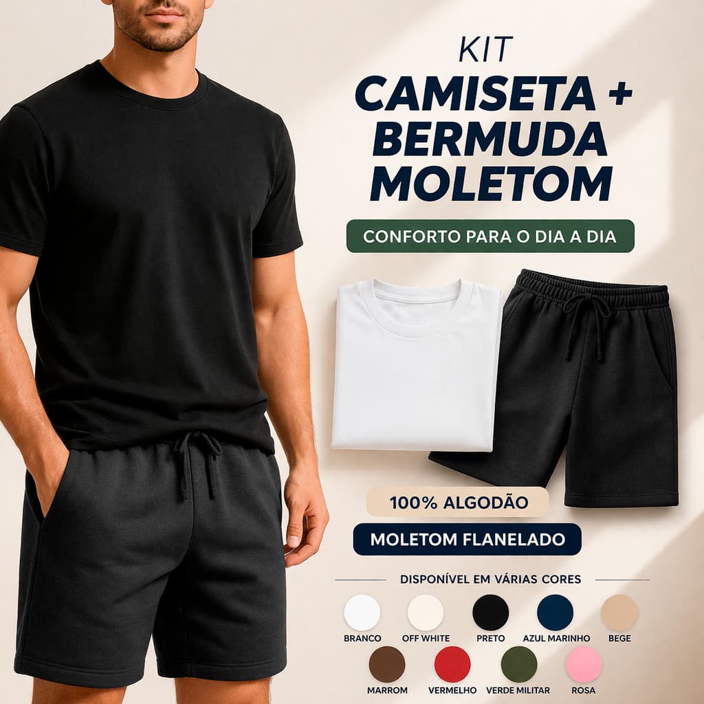 Conjunto Camiseta Algodão Masculina + Bermuda Moletom Forrada Casual Academia Verão Camisa e Short