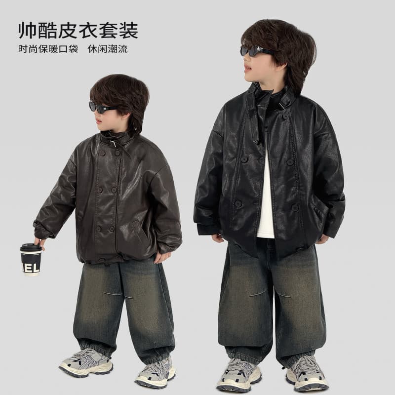 Trabalho médio roupas infantis terno de inverno jaqueta de couro forro de lã camisa de fundo Jeans moda meninos terno de