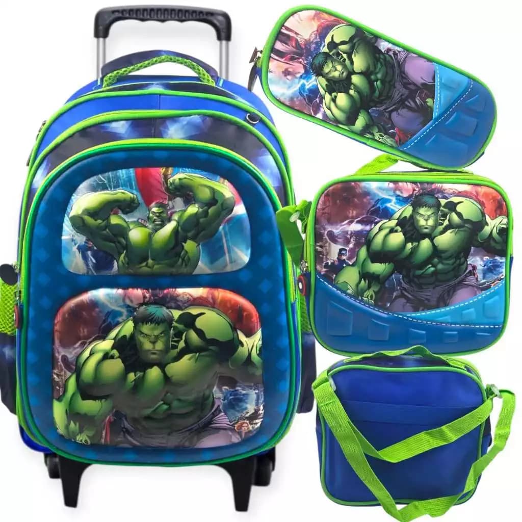 Mochila Infantil Masculina Hulk Naruto com Rodinhas Kit Escolar Completo Lancheira Térmica Estojo Impermeável