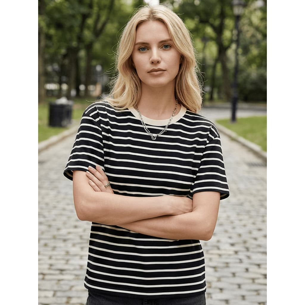 Camiseta Listrada Feminina para Verão - Tecido Leve e Respirável, Ideal para Praia ou Casual-0919