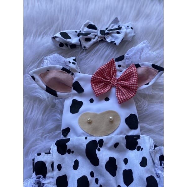 Kit Romper Vaquinha com tiara super confortável festa de aniversario recém nascido