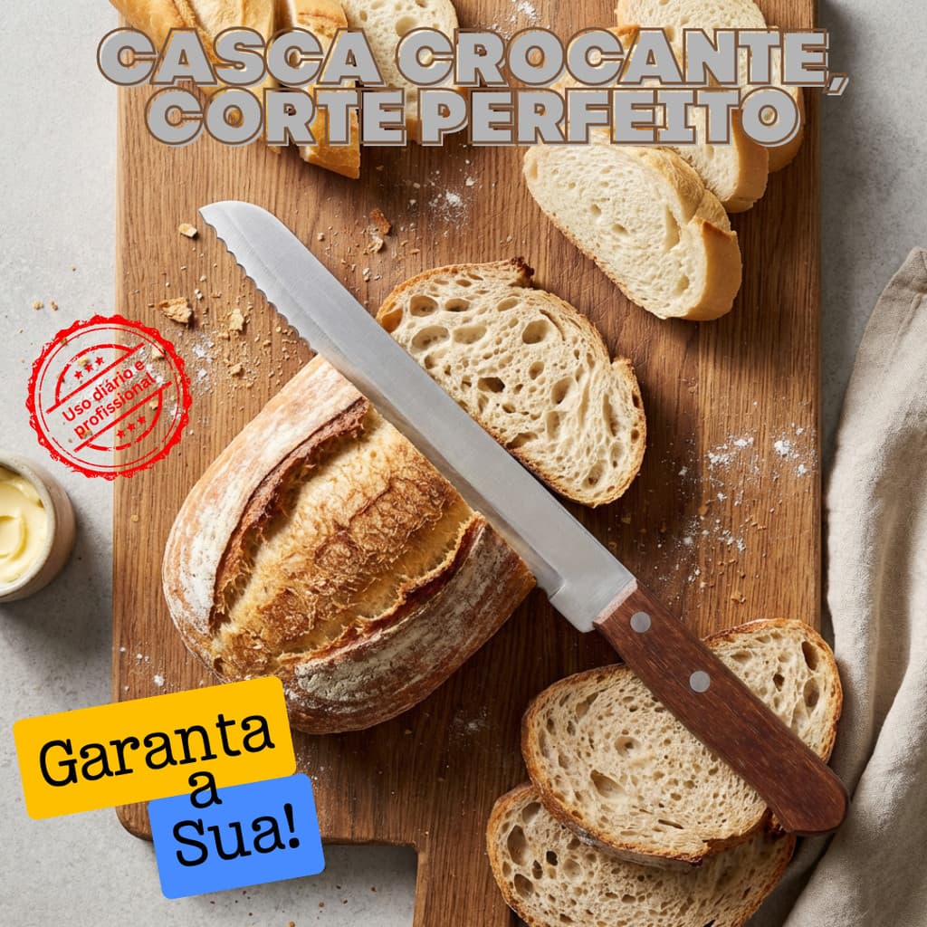 Faca de Pão Inox 8" Linha Raiz com Cabo de Madeira Lâmina Serrilhada Resistente para Uso Profissional e Diário
