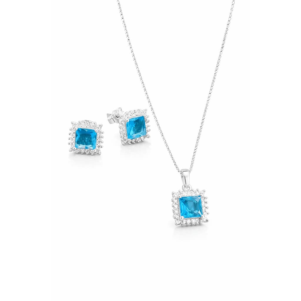 Conjunto Cravejado Quadrado Prata 925