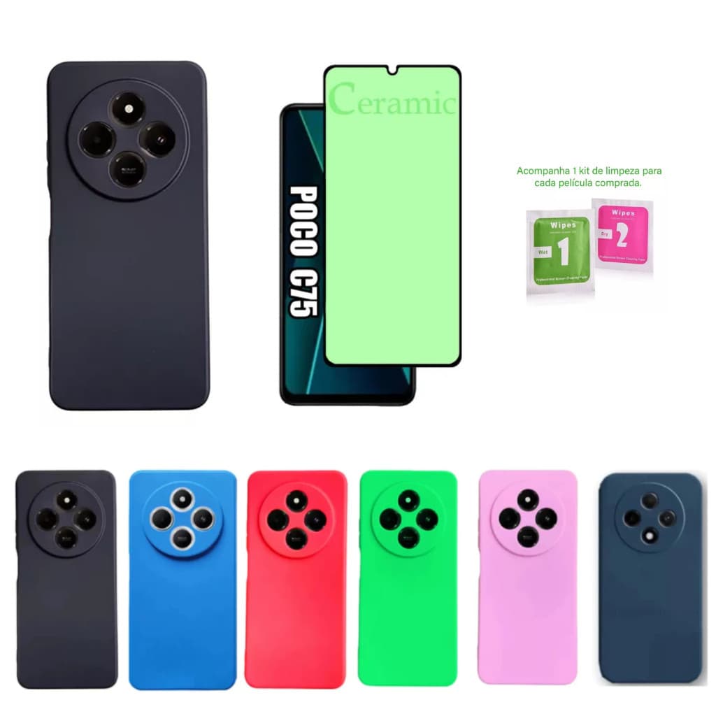 Kit Para Xiaomi Poco C75 - Película Cerâmica + Capa Silicone Aveludada