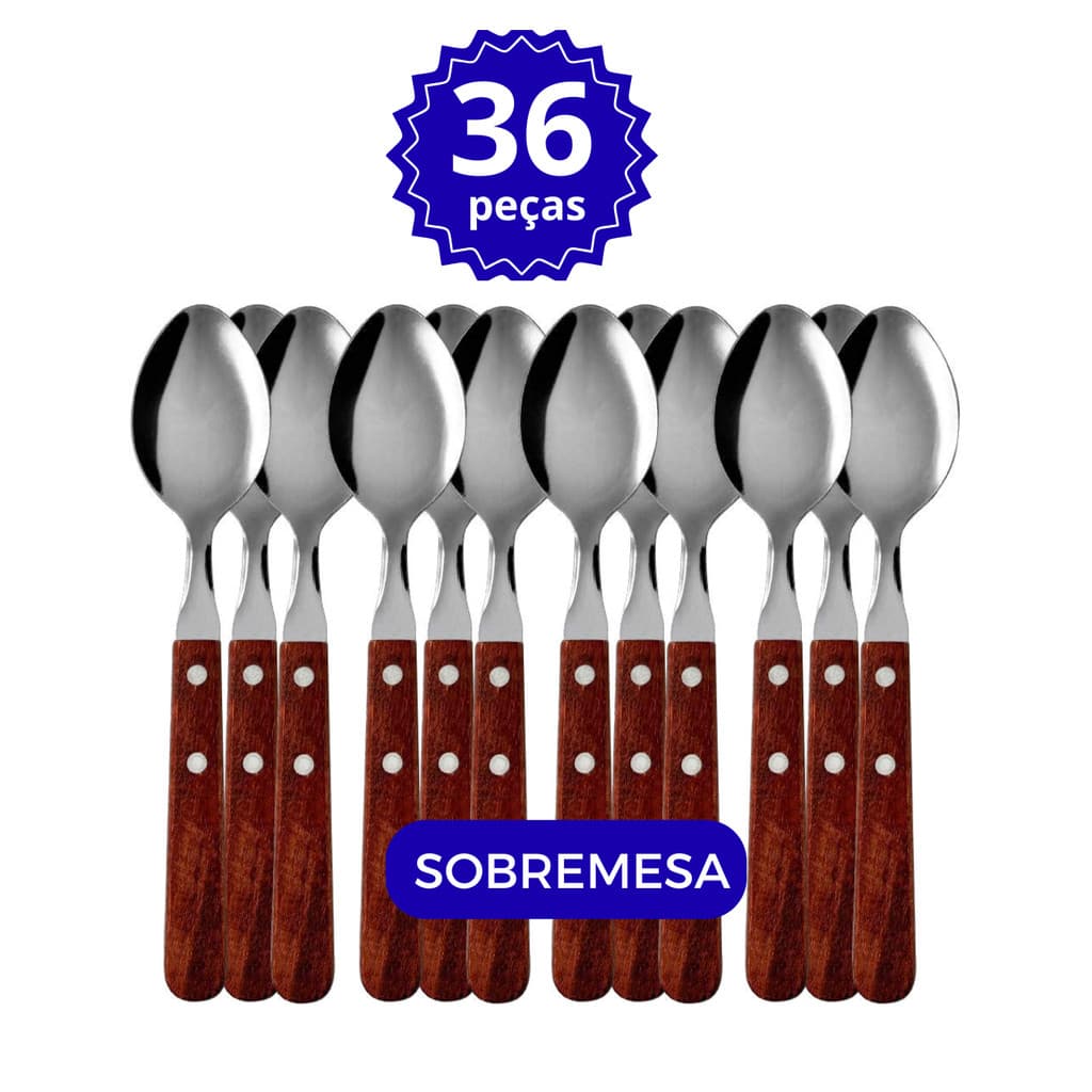 Jogo Colher de Sobremesa Inox Cabo Madeira