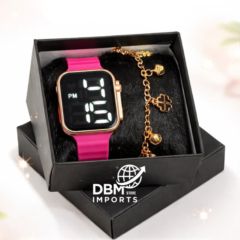 Kit Relógio Digital Feminino + Pulseira Luxo Dourado ou Prata com Caixa Presente