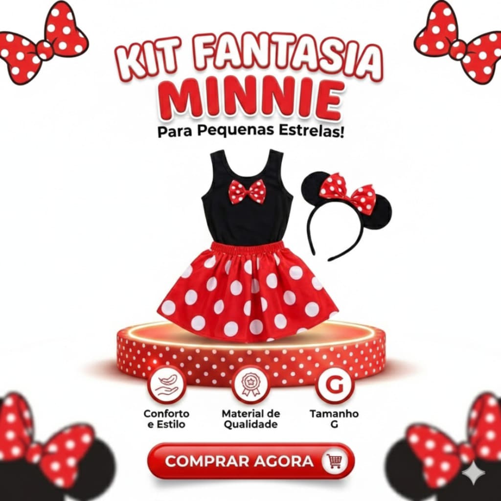Fantasia Infantil Vestido Minnie Com Tiara Arco Carnaval G