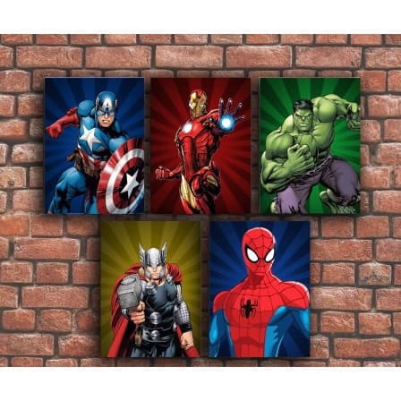 Kit Quadros Decorativos Mosaico Super Heróis Avengers Vingadores Capitão America Homem Aranha Hulk