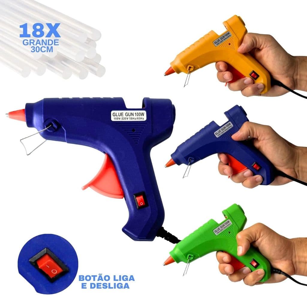 Pistola de Cola Quente Grande Bico Fino 100W + Bastões 11mm Profissional Botão LIGA/DESL Bivolt