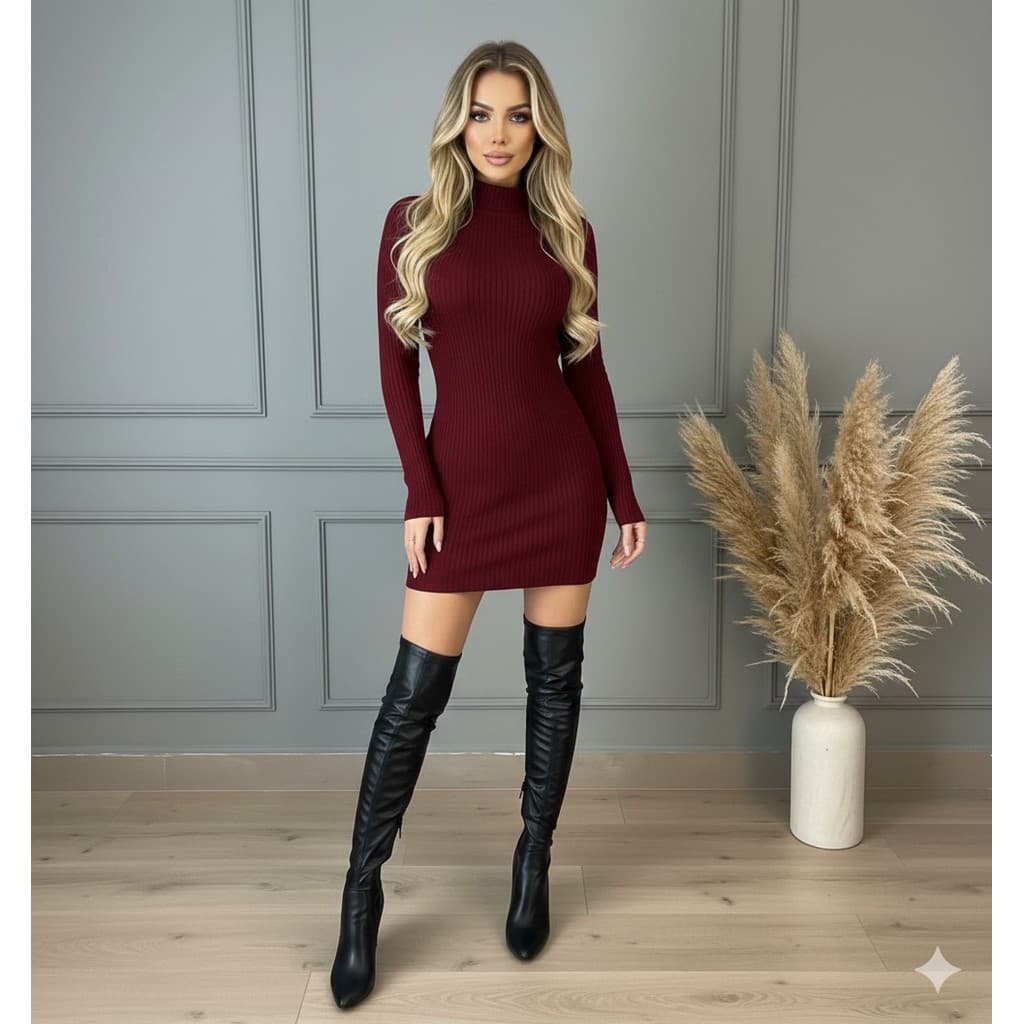 vestido feminino curto tecido canelado com gola alta manga longa t moderno