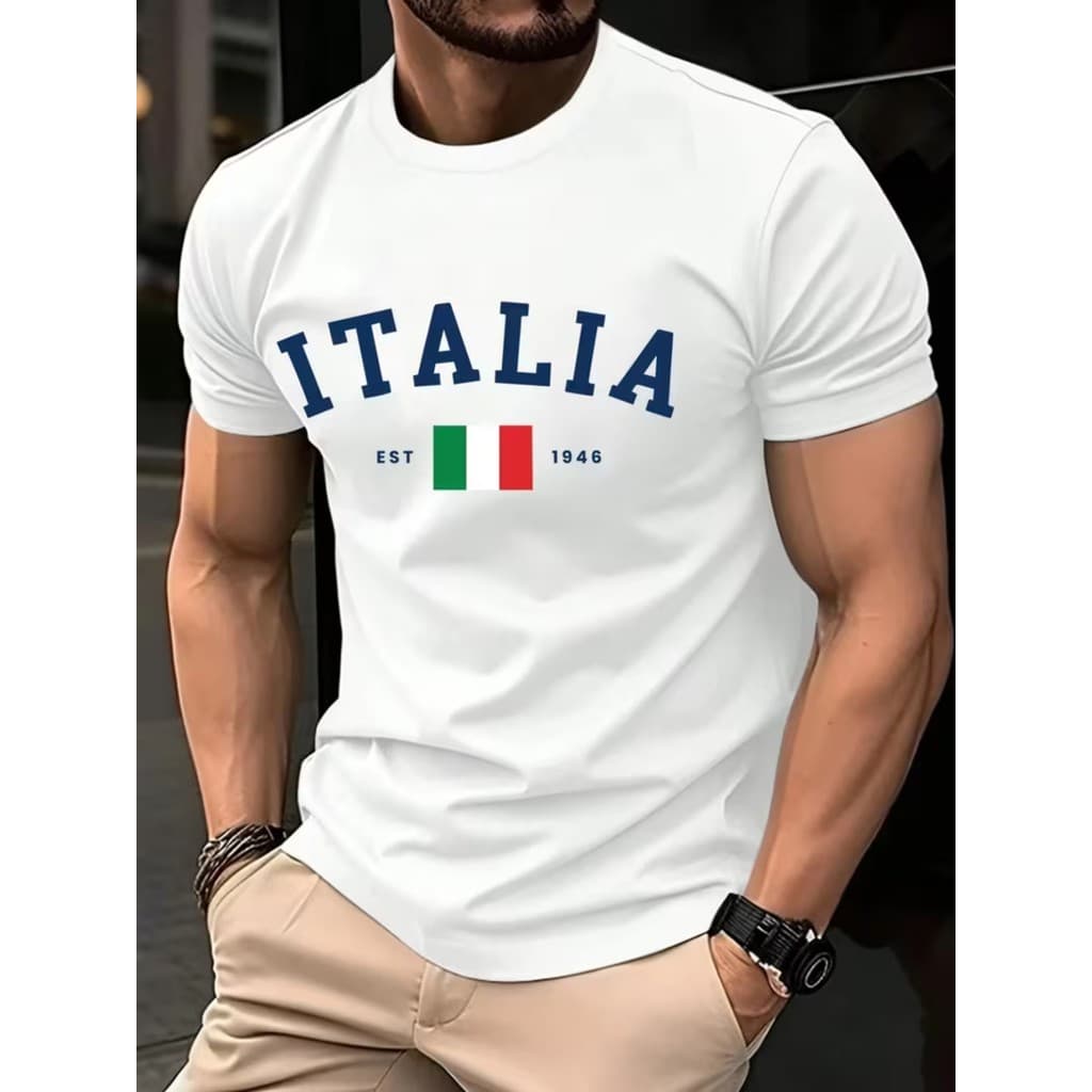 Camiseta Masculina 100% Algodão Estampa Itália 1946 Bandeira Italiana Gola Redonda Manga Curta Leve Uso Casual Verão
