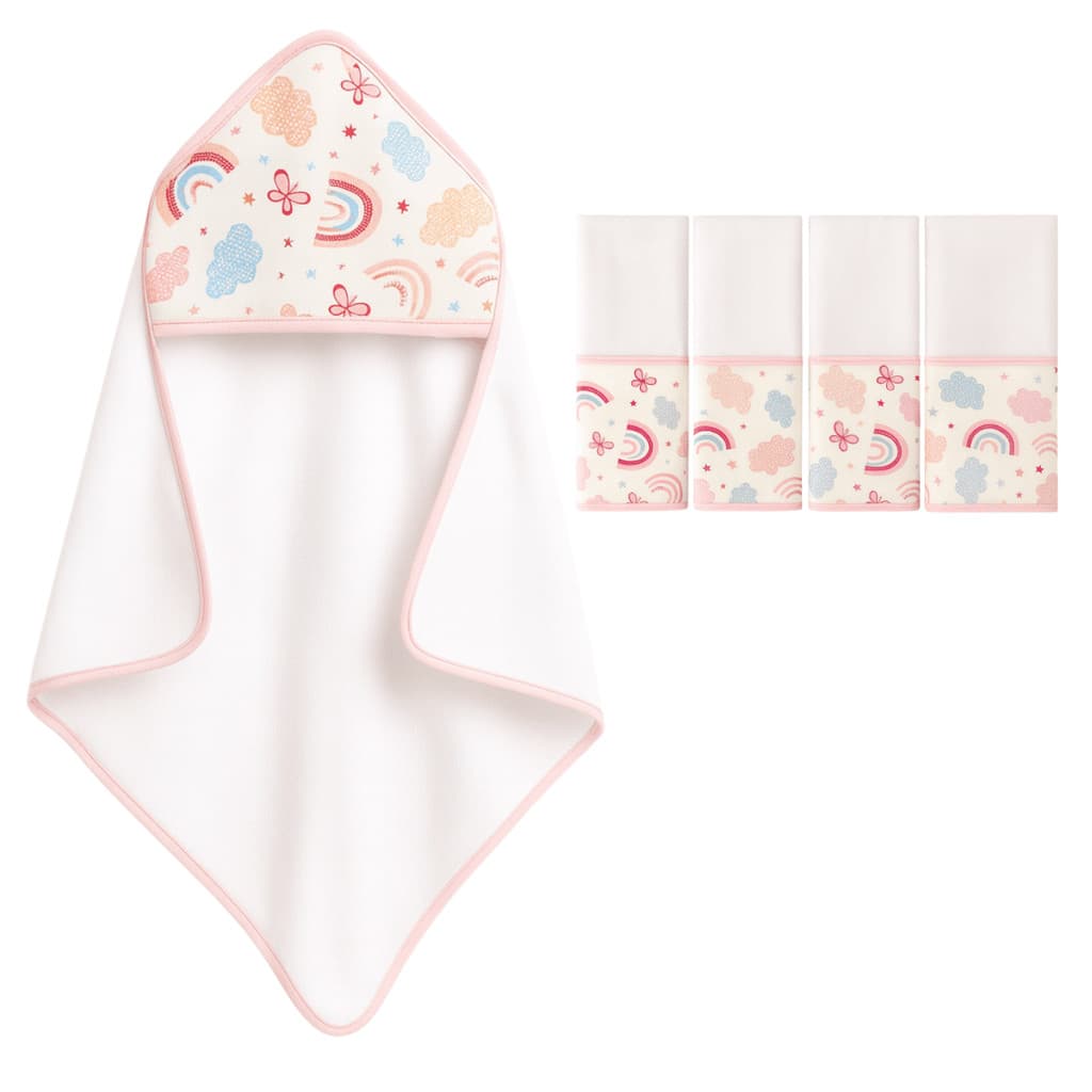 Toalha Capuz Estampada e Kit 4 Fraldinhas de Boca Fralda