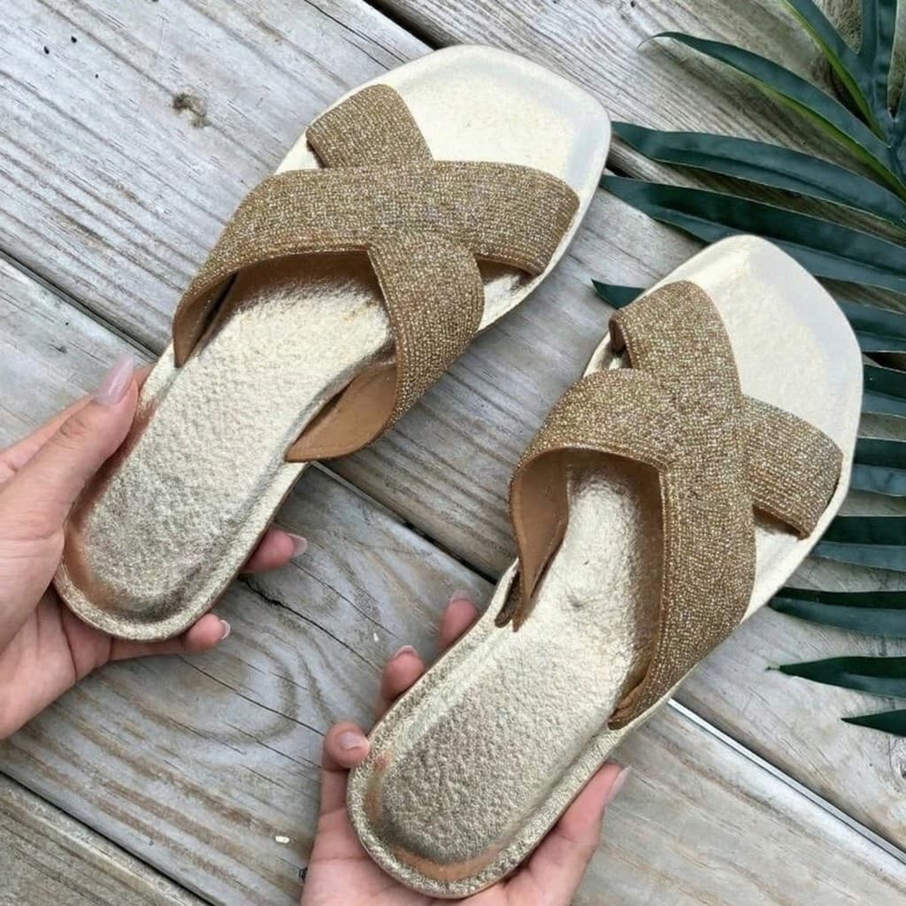 Sandália Rasteirinha Feminina Casual com Brilho e Strass - Califórnia