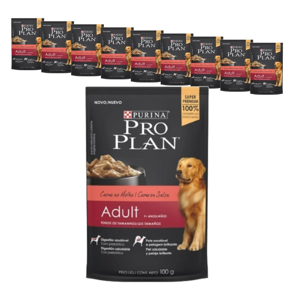 Ração Nestle Úmida Sache Pro Plan Cães Adultos Carne - 100g - KIT 10 unids.