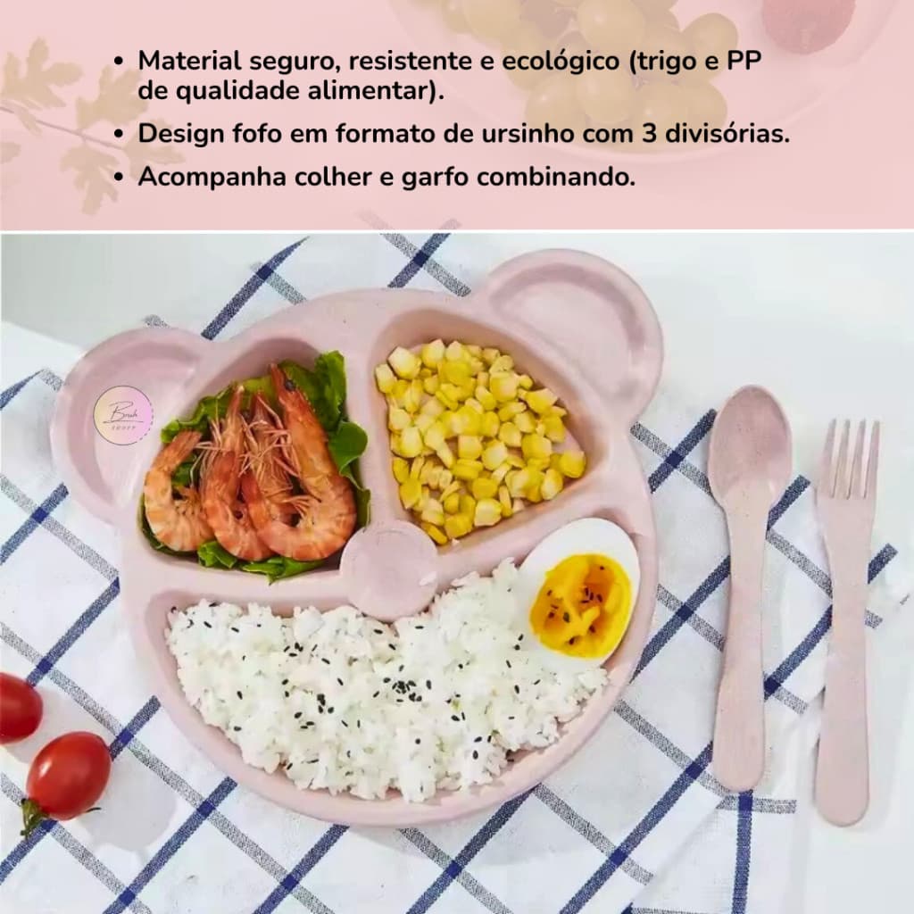 Prato Urso 3 Divisórias Infantil Com talheres Colorido - kit Alimentação Criança