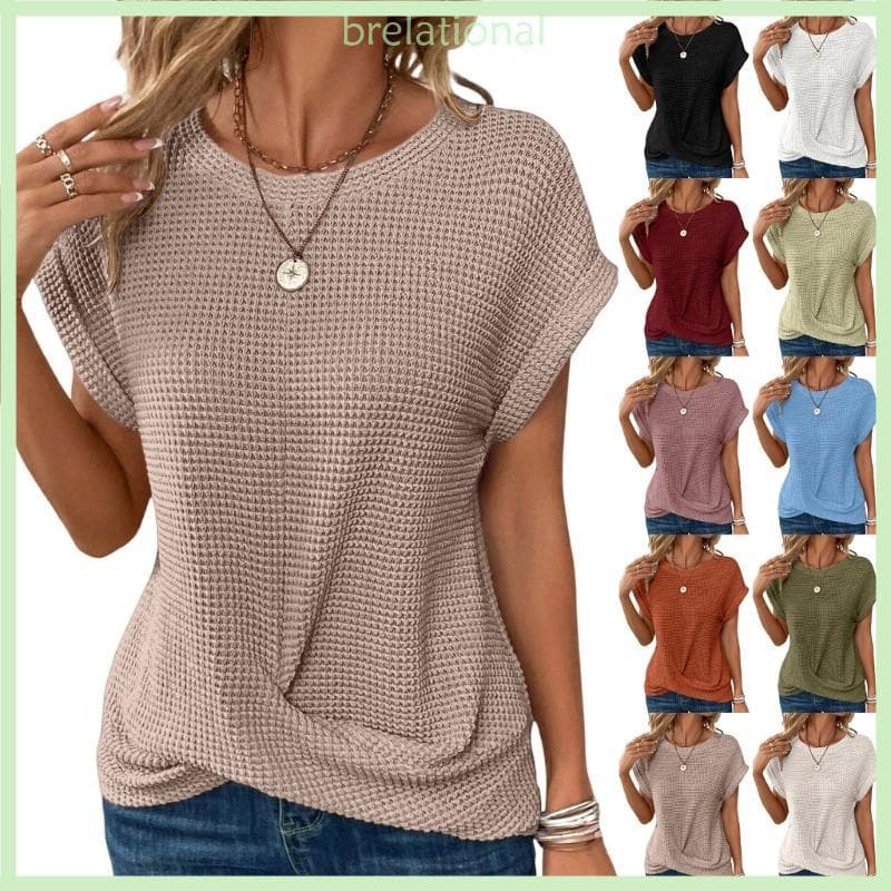 R Camisetas Femininas Redonda E Frente Torcida, Curta, Malha Waffle, Casuais