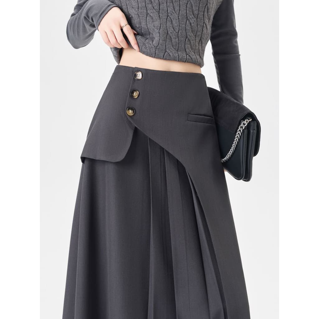 Cintura alta comprimento médio a linha guarda-chuva saia sentir high-End sentir cinza terno saia feminina primavera outo