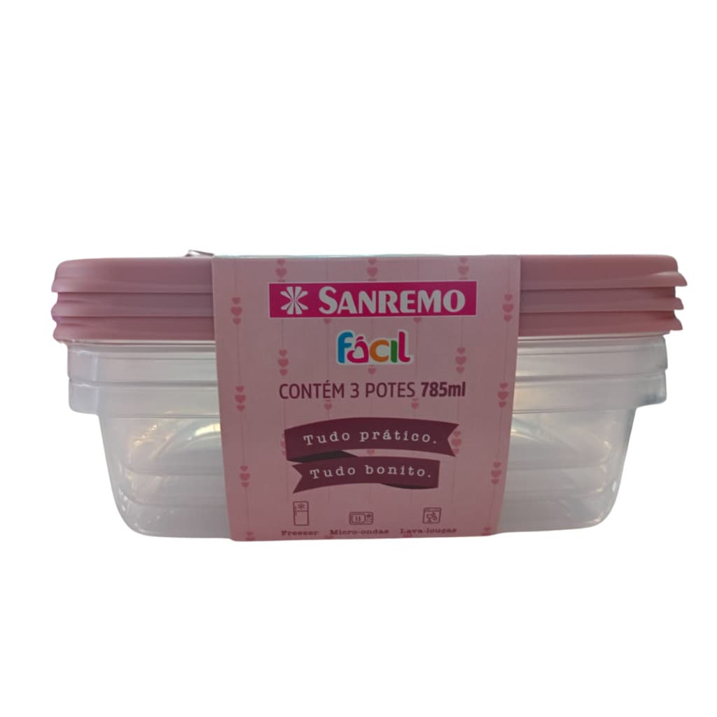 Conjunto de Potes Plásticos 3 Peças 785ml Retangular Marmita