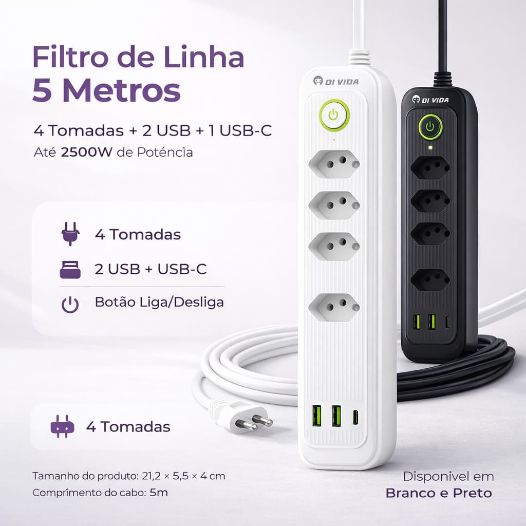 Filtro de Linha 4 Tomadas 2500W 2 USB + 1 USB-C Cabo 5 Metros Bivolt Padrão Brasileiro
