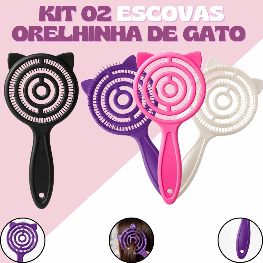 Kit 02 Escovas Flex Orelha de Gatinho - Desembaraçadora