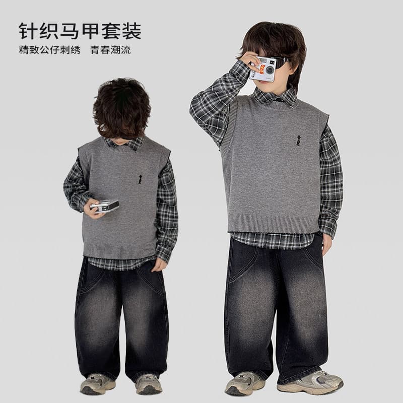 Meninos outono terno de malha colete camisa Jeans conjunto de três peças primavera outono estilo médio grande crianças n