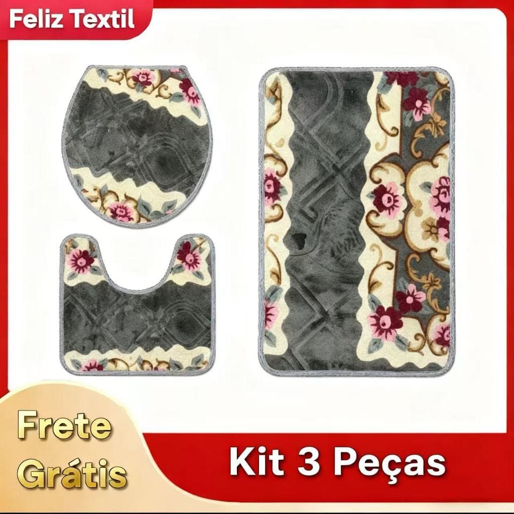 Tapete 3 Peças De Banheiro Com Estampa Floral 3D AntiderrapanteTop Zg1 Original