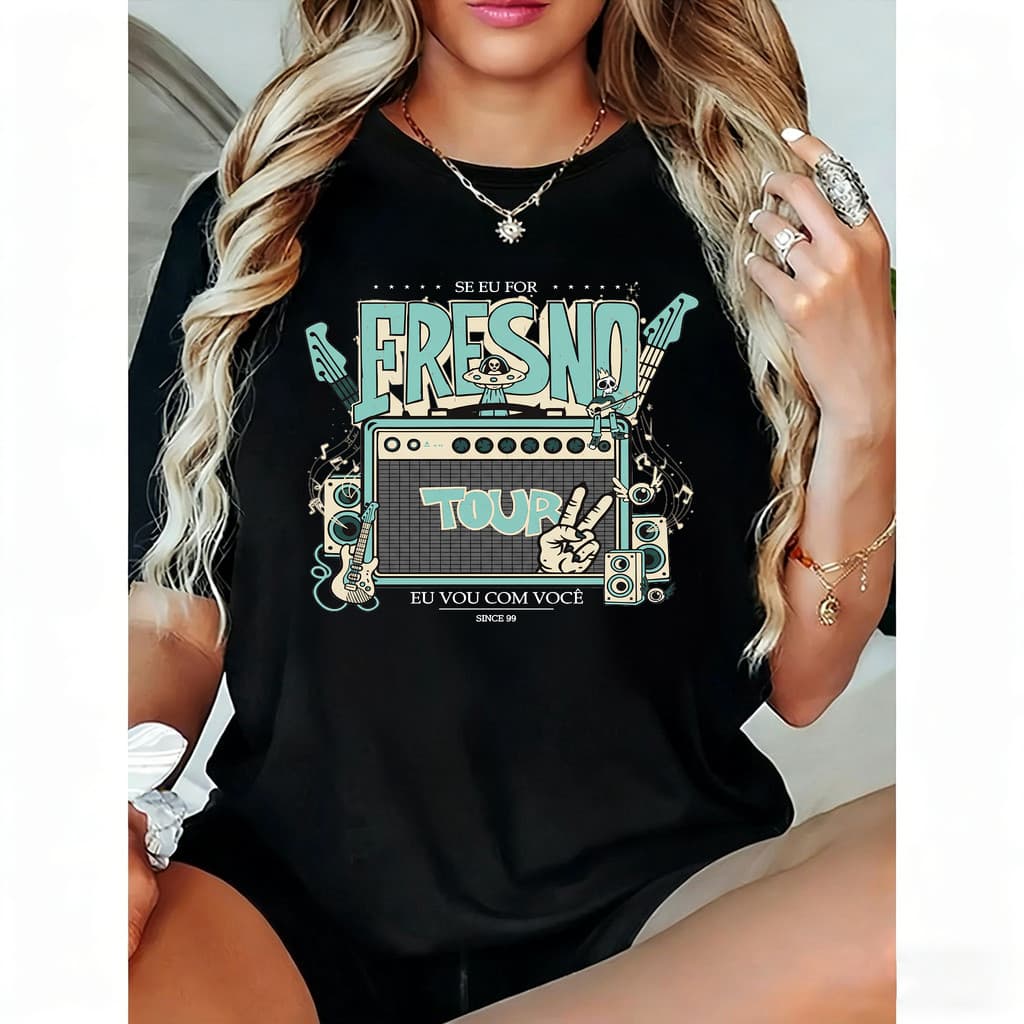 Camiseta Feminina Rock Estilo Retro Cores Suaves Elemntos Musicais Guitarra Amplificador Estampa Moderna Confortável Ten