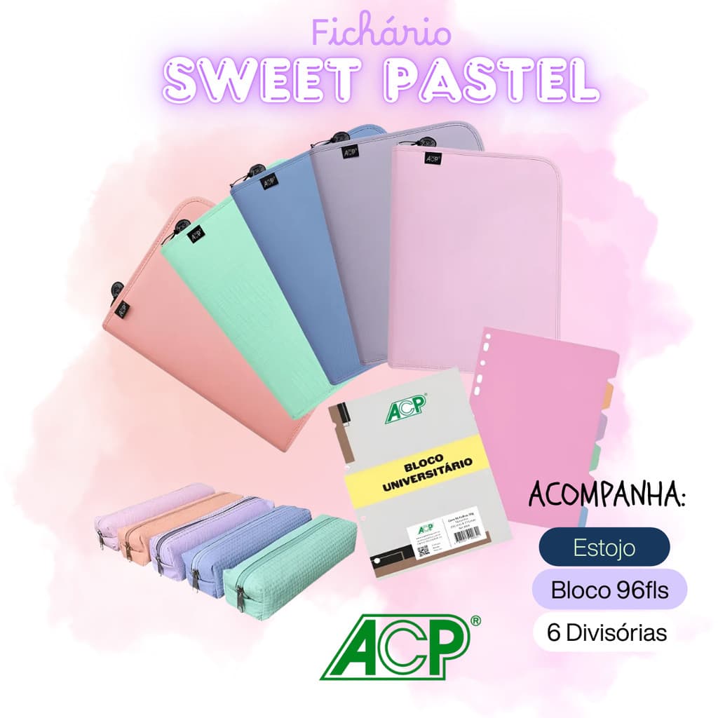 Fichario Argolado com Ziper Sweet + Bloco 96 fls + 6 Divisorias + Estojo ACP