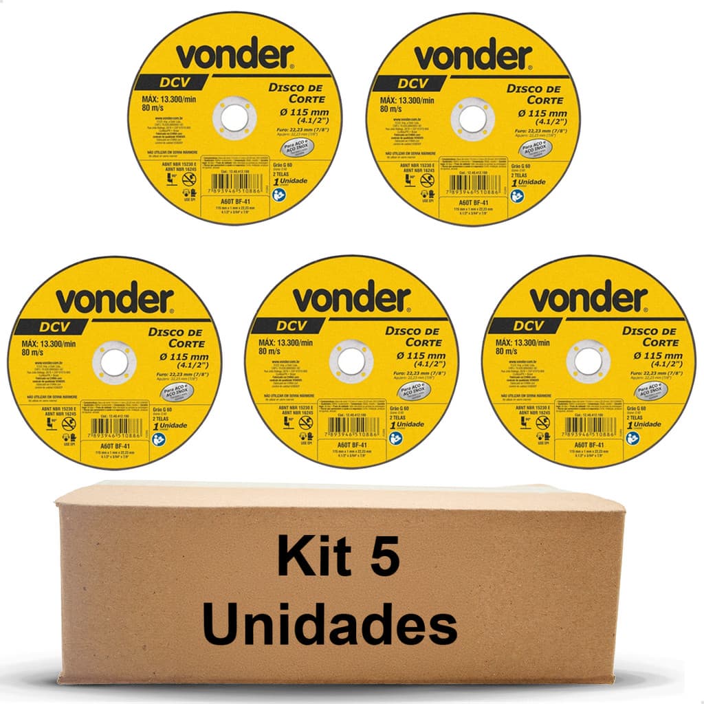 Kit 5 Discos de Corte 115x1,0x22,23mm Vonder DCV para Inox e Metal Esmerilhadeira Original
