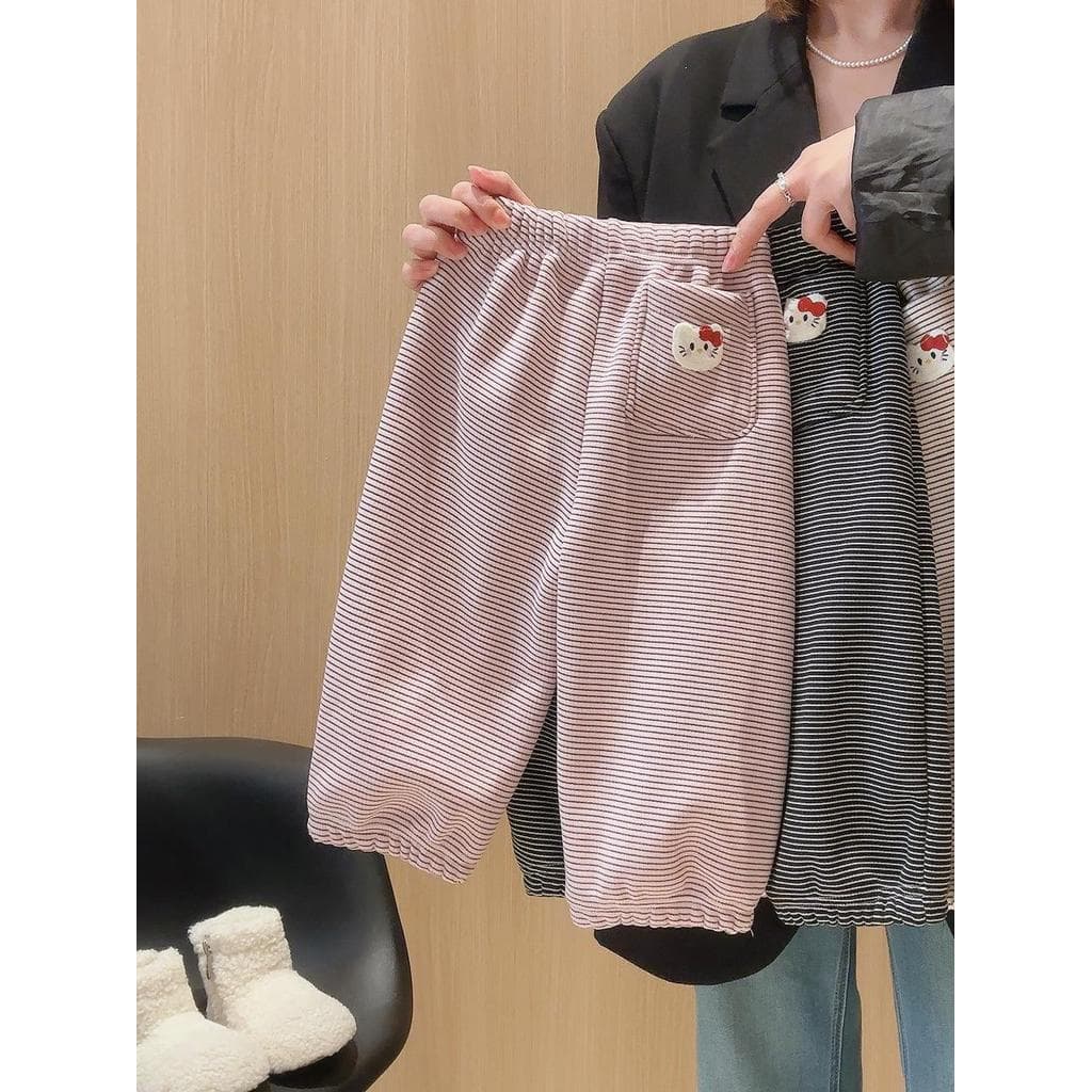 Feminino bebê 2025 primavera outono inverno estilo confortável forro de lã engrossado calças meninas listras casuais bon