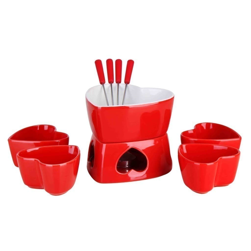Aparelho de Fondue 10 Peças Cerâmica Vermelho Chocolate e Queijo 04 Pessoas