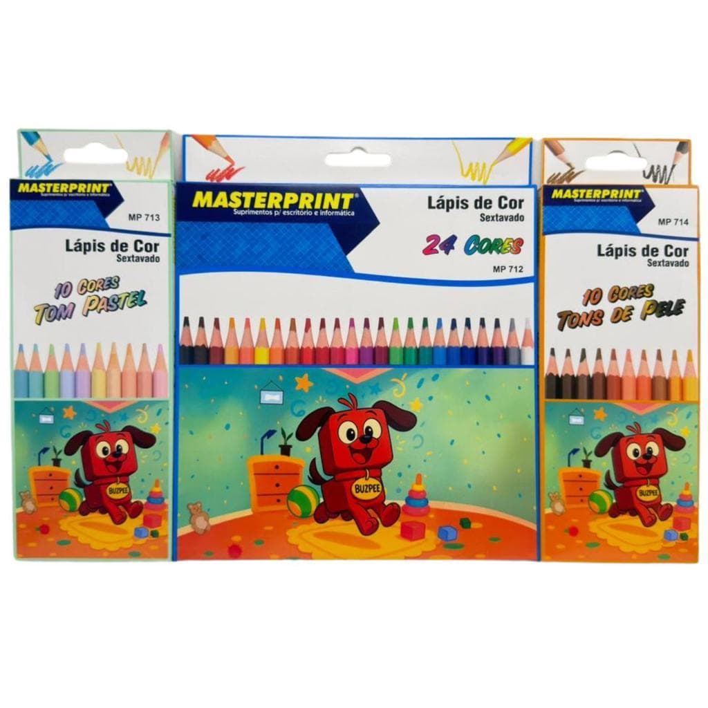 Lápis de Cor Kit 44 (24 CORES + 10 Cores Tom Pastel +10 Cores Tons de Pele) Escolar Sextavado