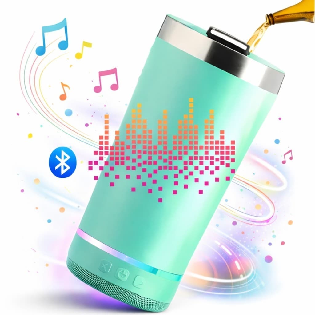 Copo térmico inox com tampa abridor e caixa de som com bluetooth Led 420ML